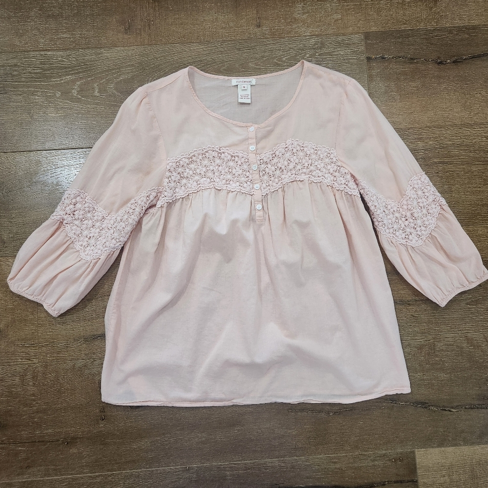 Sundance Crochet Henley Blouse Med Boho Lightweight Casual Hippie Cottage